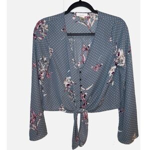 Urban Romantics -Blue Polka Dot Floral Print Button Up Cropped Blouse size SMALL